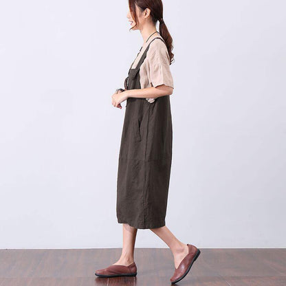 Casual Loose Pocket Women Brown Vest Dress