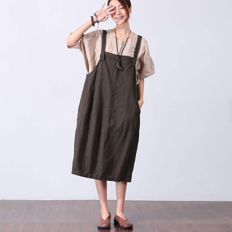 Casual Loose Pocket Women Brown Vest Dress