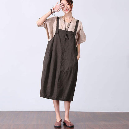 Casual Loose Pocket Women Brown Vest Dress