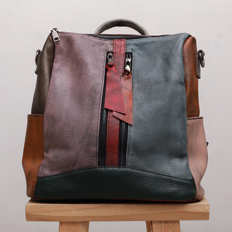 Multicolor Women Leather Zipper Backpack