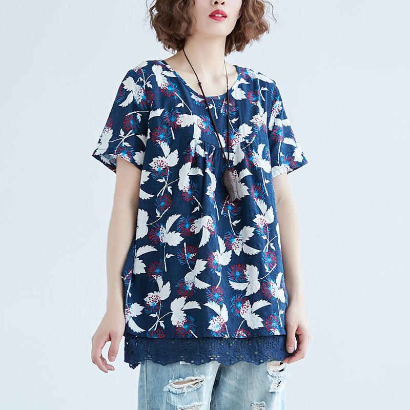 Women Casual Short Sleeve Printed Blue Tops Blouse