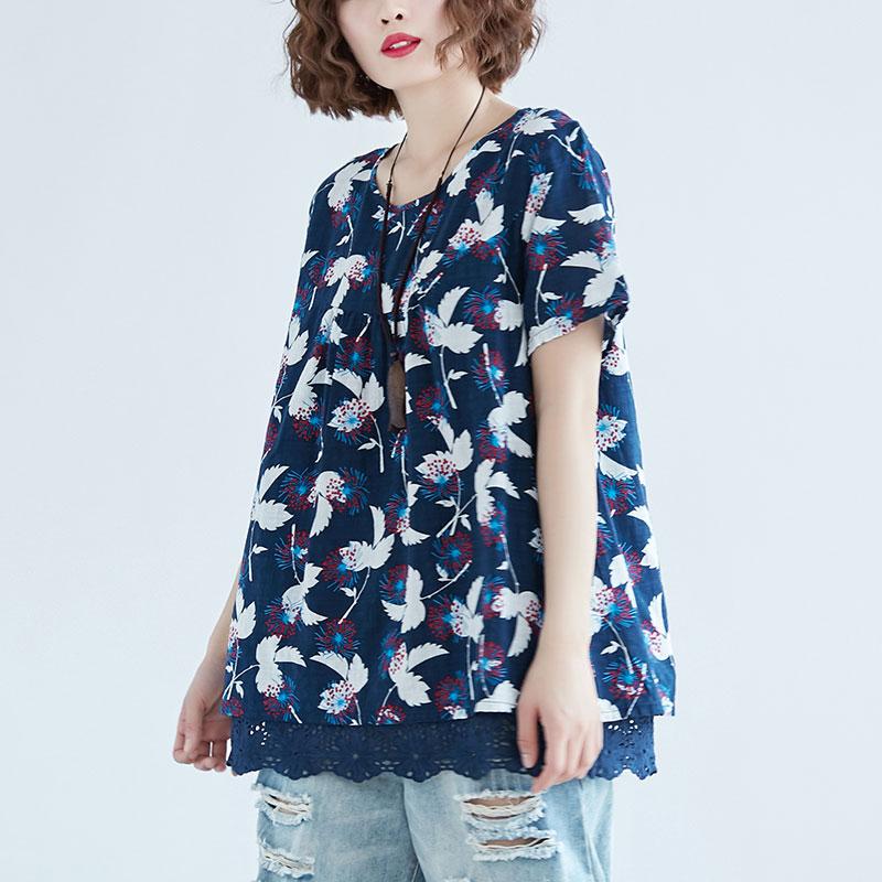 Women Casual Short Sleeve Printed Blue Tops Blouse