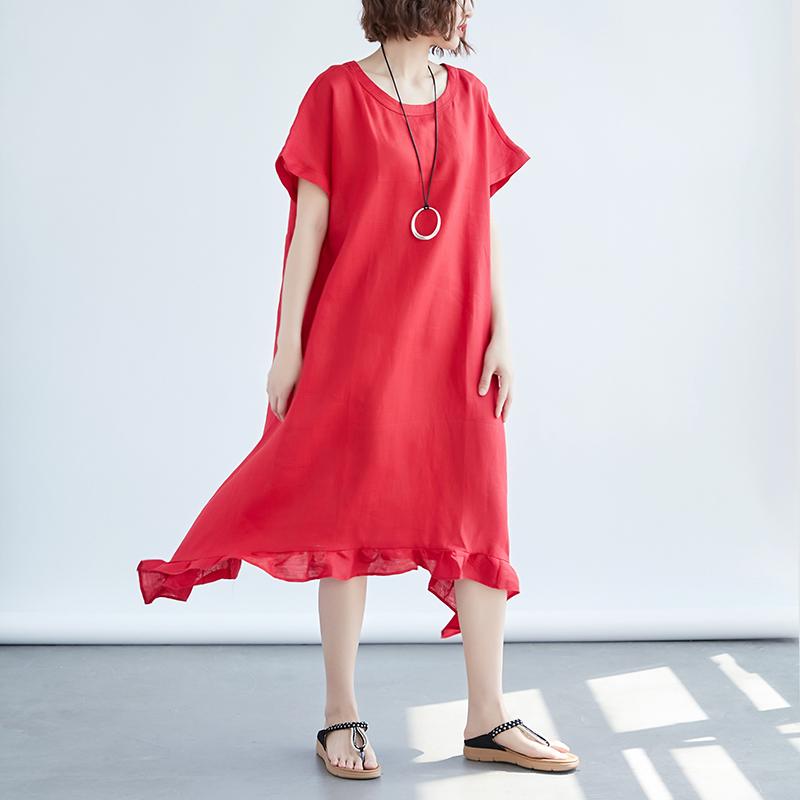 Women Round Neck Short Sleeve Loose Red Dress
