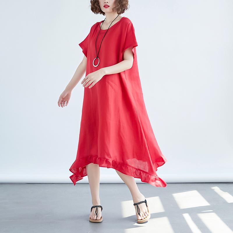 Women Round Neck Short Sleeve Loose Red Dress