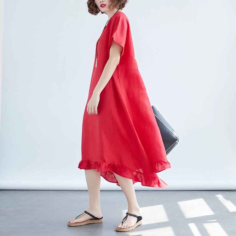 Women Round Neck Short Sleeve Loose Red Dress