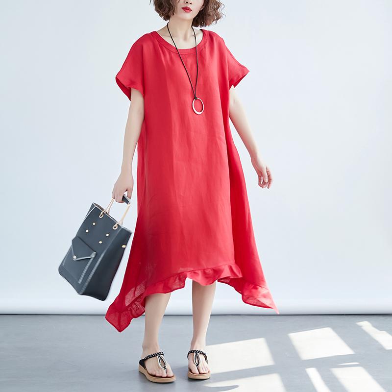 Women Round Neck Short Sleeve Loose Red Dress