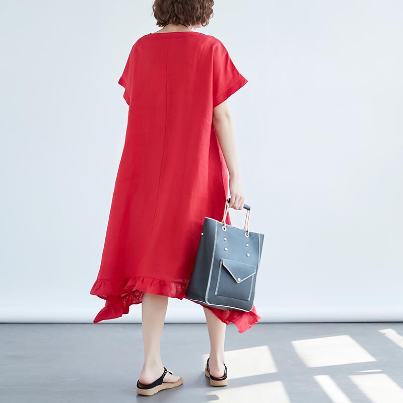 Women Round Neck Short Sleeve Loose Red Dress