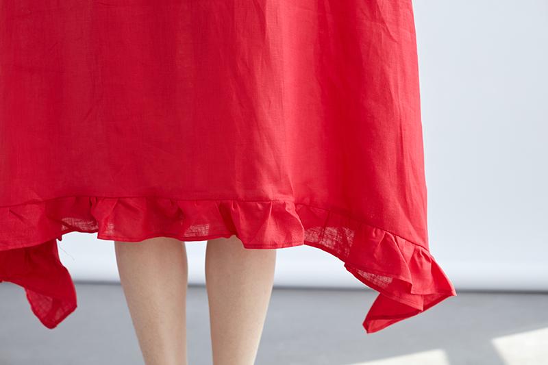 Women Round Neck Short Sleeve Loose Red Dress