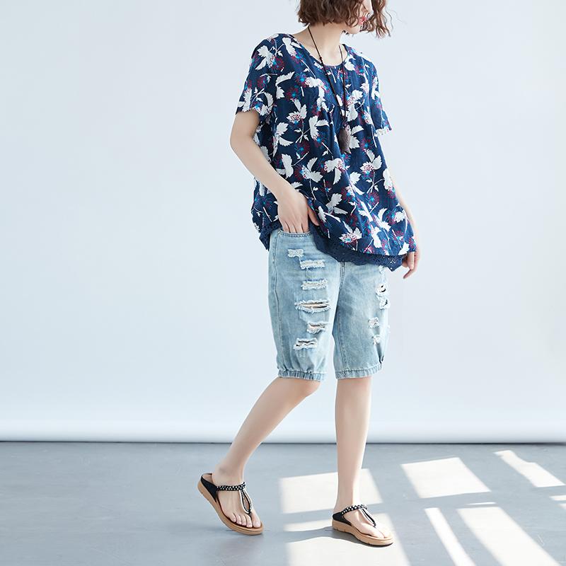 Women Casual Short Sleeve Printed Blue Tops Blouse