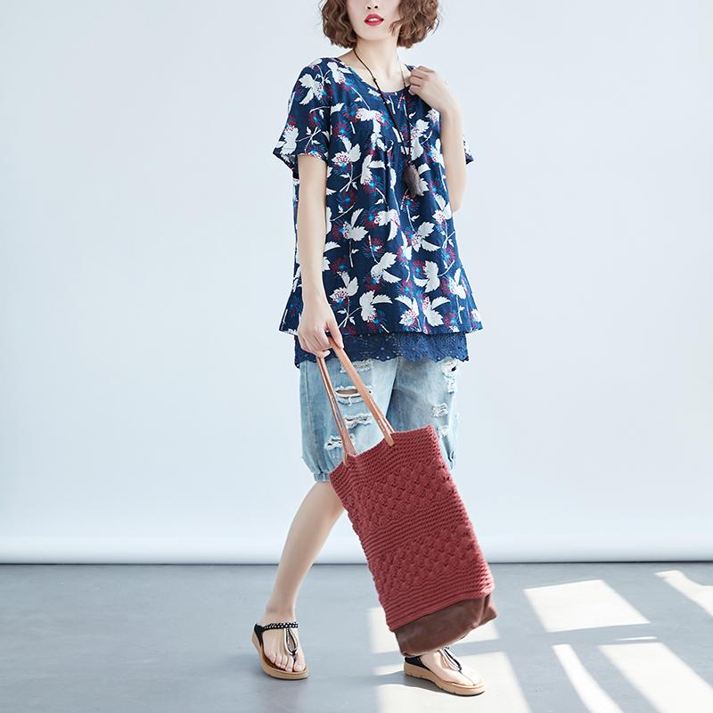 Women Casual Short Sleeve Printed Blue Tops Blouse