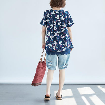 Women Casual Short Sleeve Printed Blue Tops Blouse