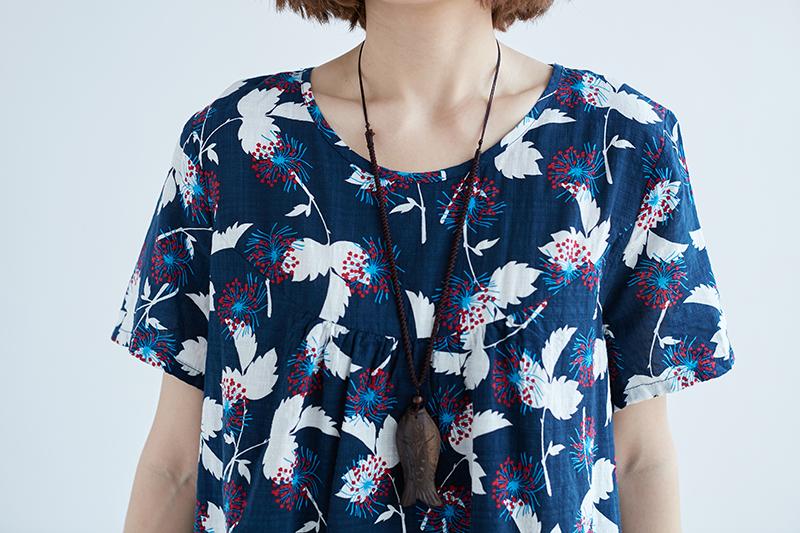Women Casual Short Sleeve Printed Blue Tops Blouse