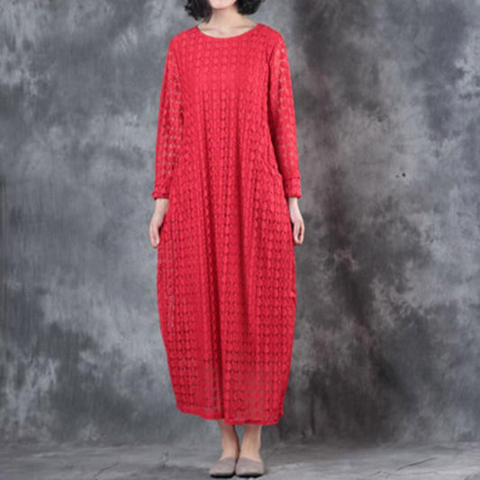 Round Neck Lace Long Sleeve Lining Women Red Dress