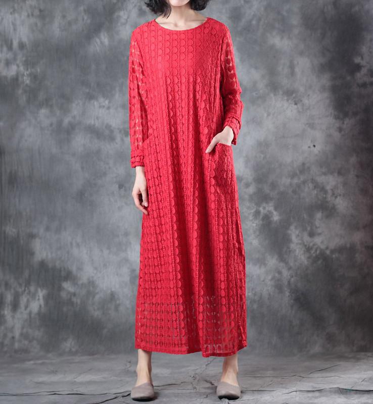 Round Neck Lace Long Sleeve Lining Women Red Dress