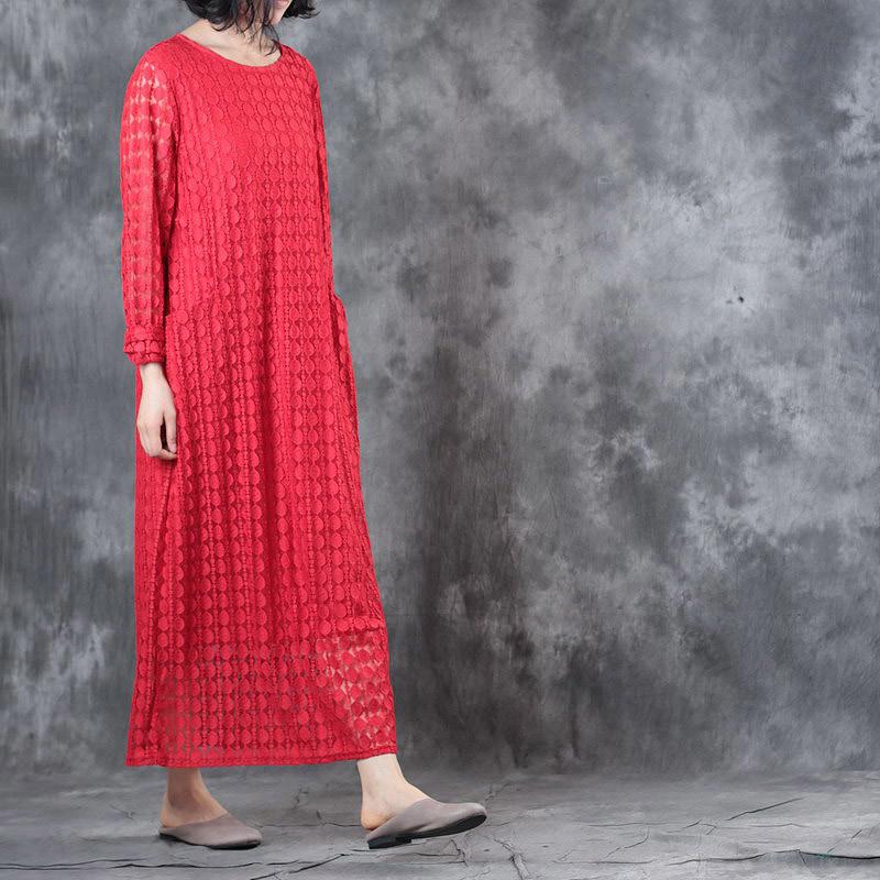 Round Neck Lace Long Sleeve Lining Women Red Dress