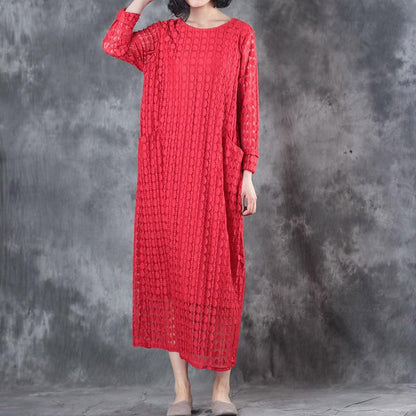 Round Neck Lace Long Sleeve Lining Women Red Dress
