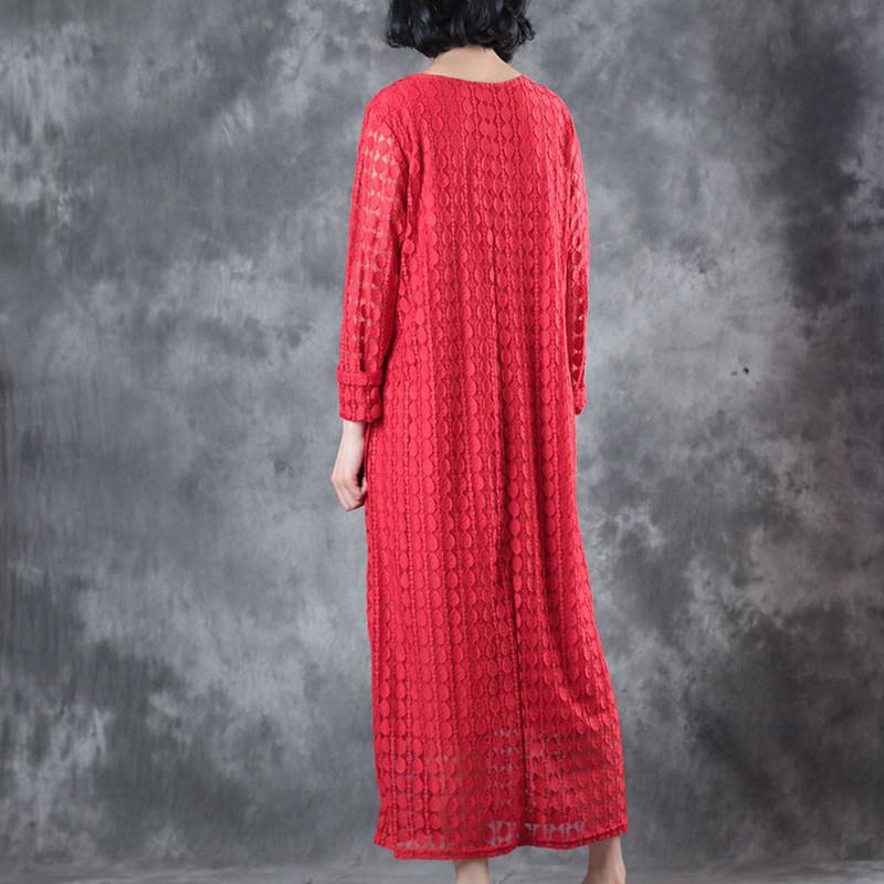 Round Neck Lace Long Sleeve Lining Women Red Dress