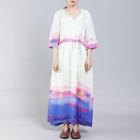 Ramie Indie Folk V-Neck Half Sleeve Dress