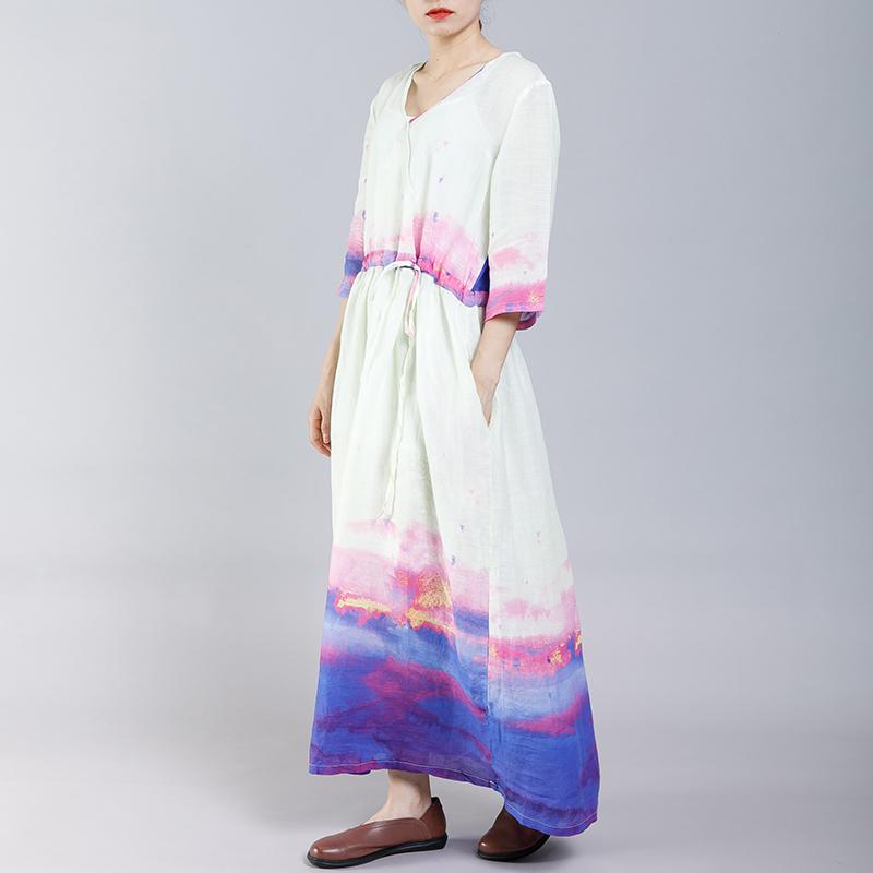 Ramie Indie Folk V-Neck Half Sleeve Dress