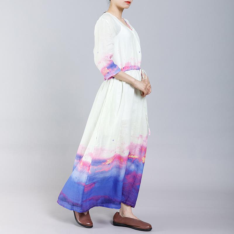 Ramie Indie Folk V-Neck Half Sleeve Dress