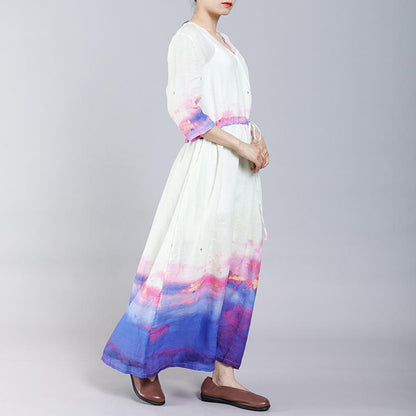 Ramie Indie Folk V-Neck Half Sleeve Dress