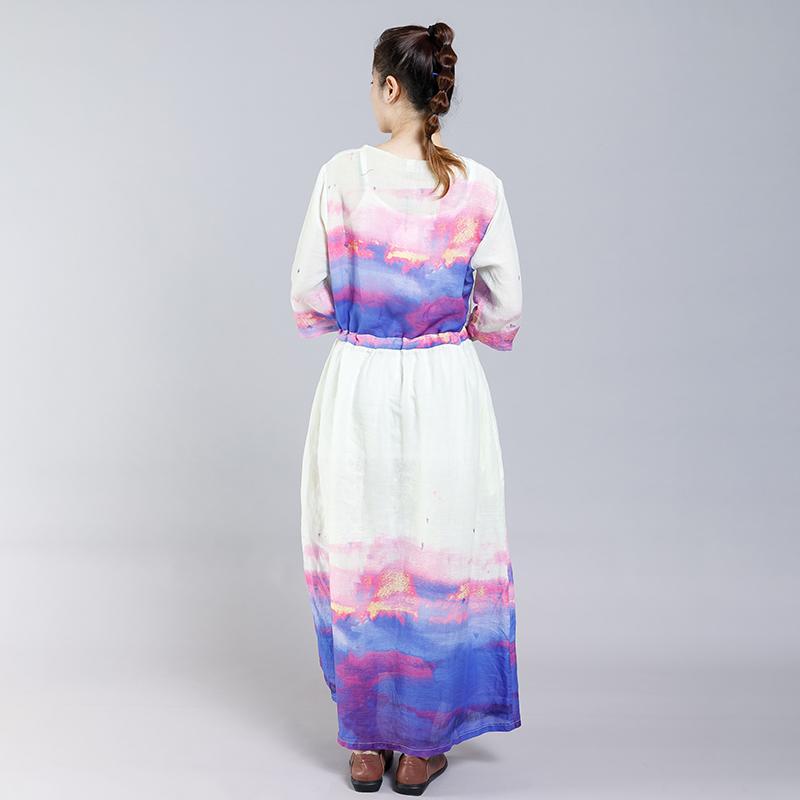 Ramie Indie Folk V-Neck Half Sleeve Dress