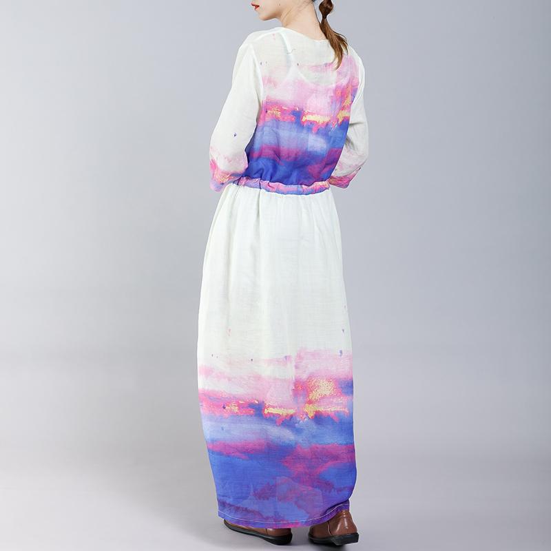 Ramie Indie Folk V-Neck Half Sleeve Dress