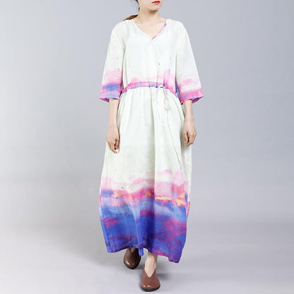 Ramie Indie Folk V-Neck Half Sleeve Dress