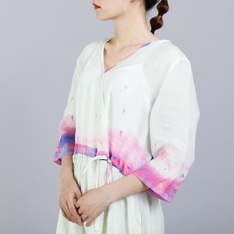 Ramie Indie Folk V-Neck Half Sleeve Dress