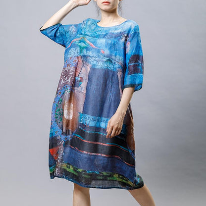 Ramie Print Vintage Round Neck Short Sleeve Dress