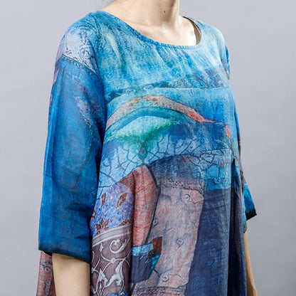 Ramie Print Vintage Round Neck Short Sleeve Dress