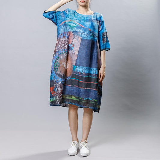 Ramie Print Vintage Round Neck Short Sleeve Dress