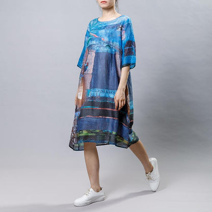 Ramie Print Vintage Round Neck Short Sleeve Dress
