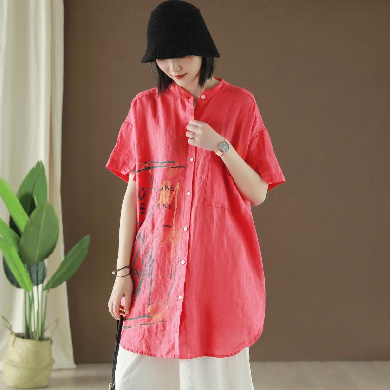 Ramie Retro Print Short Sleeve Blouse