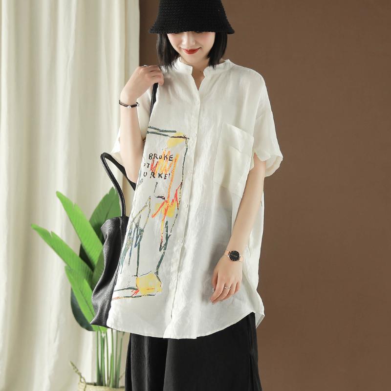 Ramie Retro Print Short Sleeve Blouse