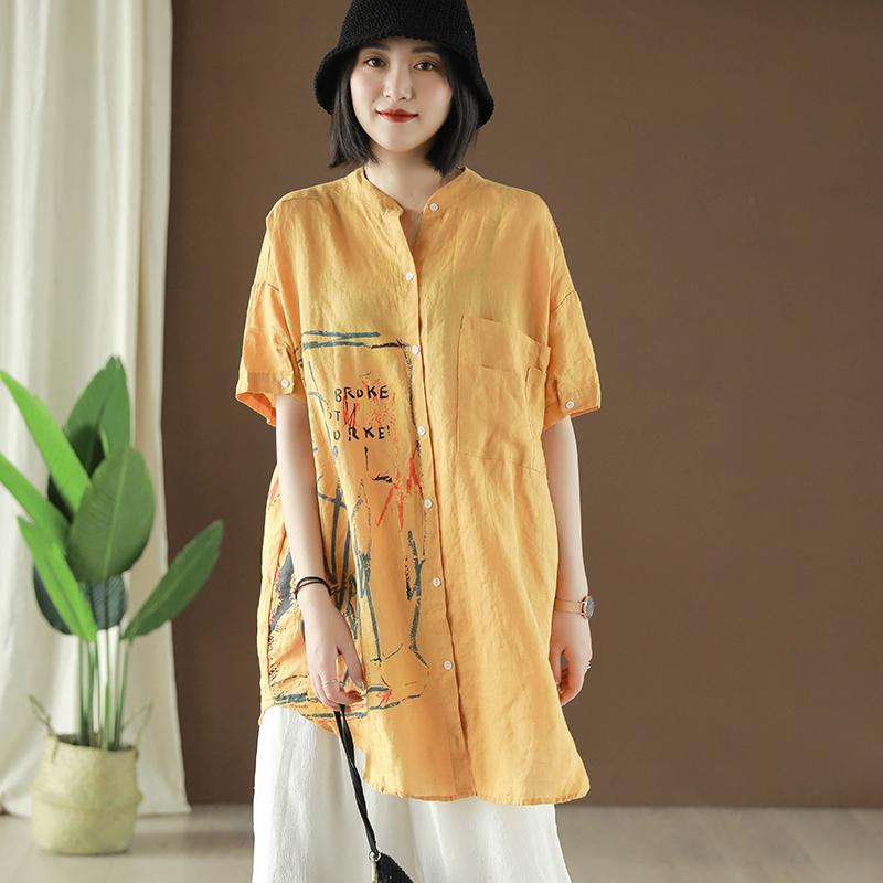 Ramie Retro Print Short Sleeve Blouse