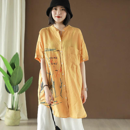 Ramie Retro Print Short Sleeve Blouse