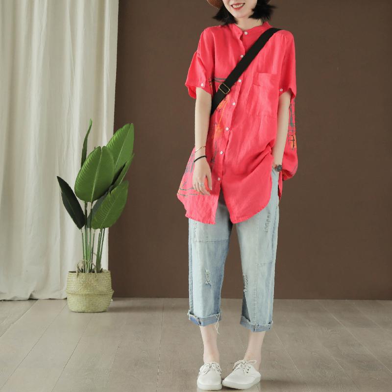 Ramie Retro Print Short Sleeve Blouse