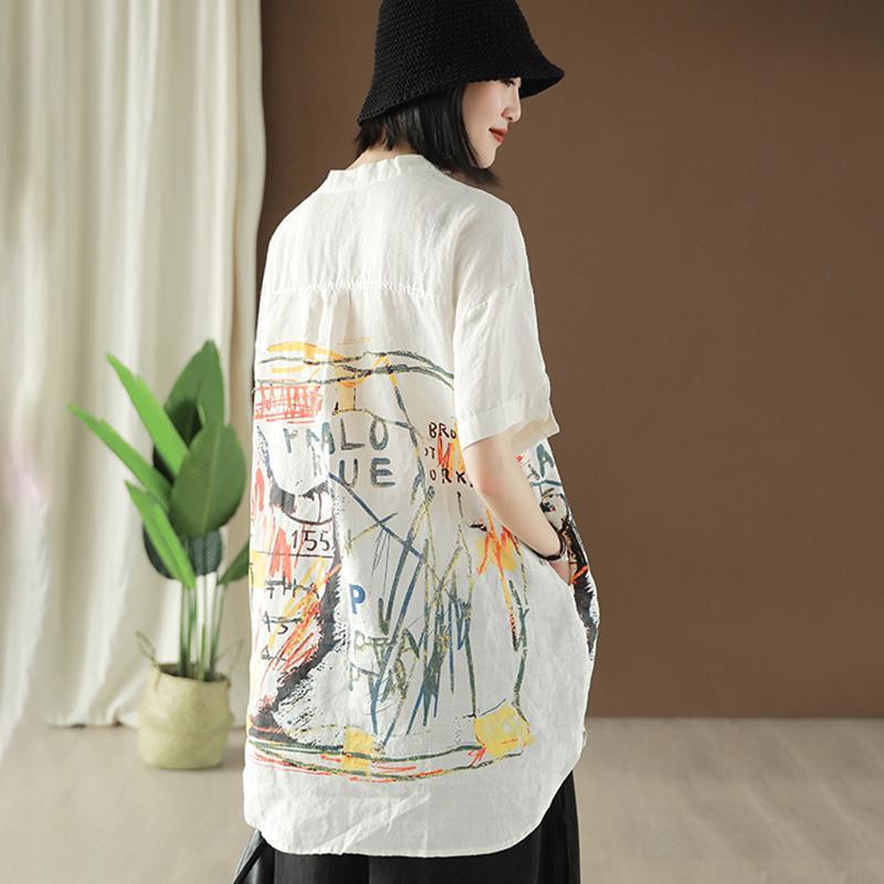 Ramie Retro Print Short Sleeve Blouse