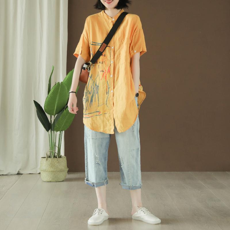 Ramie Retro Print Short Sleeve Blouse