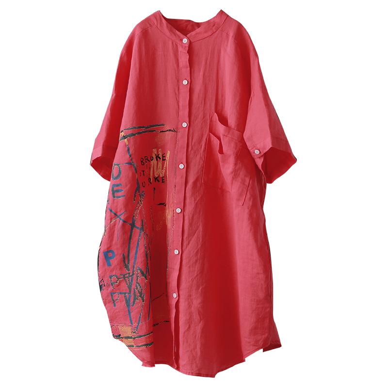 Ramie Retro Print Short Sleeve Blouse