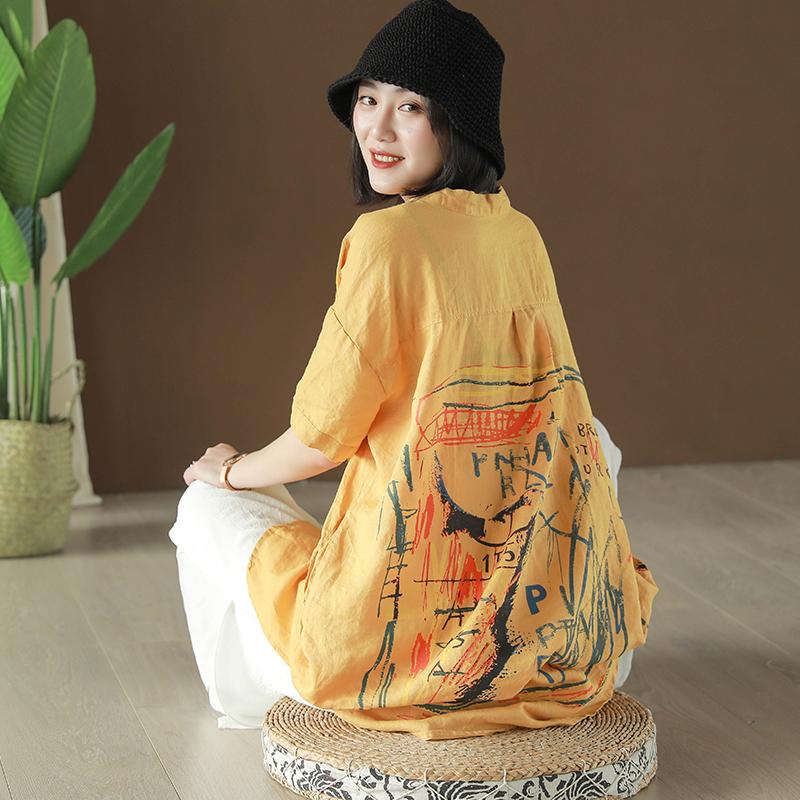 Ramie Retro Print Short Sleeve Blouse