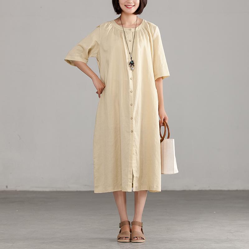 Ramie Short Sleeve Round Neck Commuter Dress