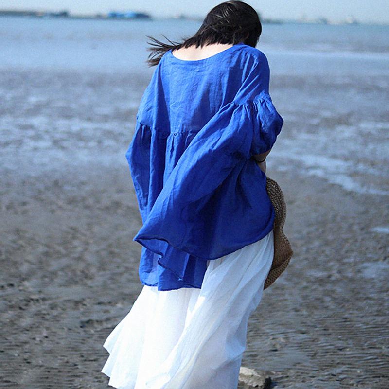 Ramie Simple Solid Linen Bat Sleeved Blouse