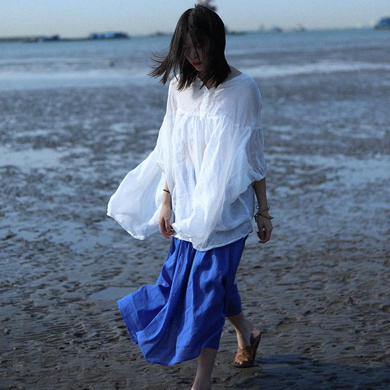 Ramie Simple Solid Linen Bat Sleeved Blouse