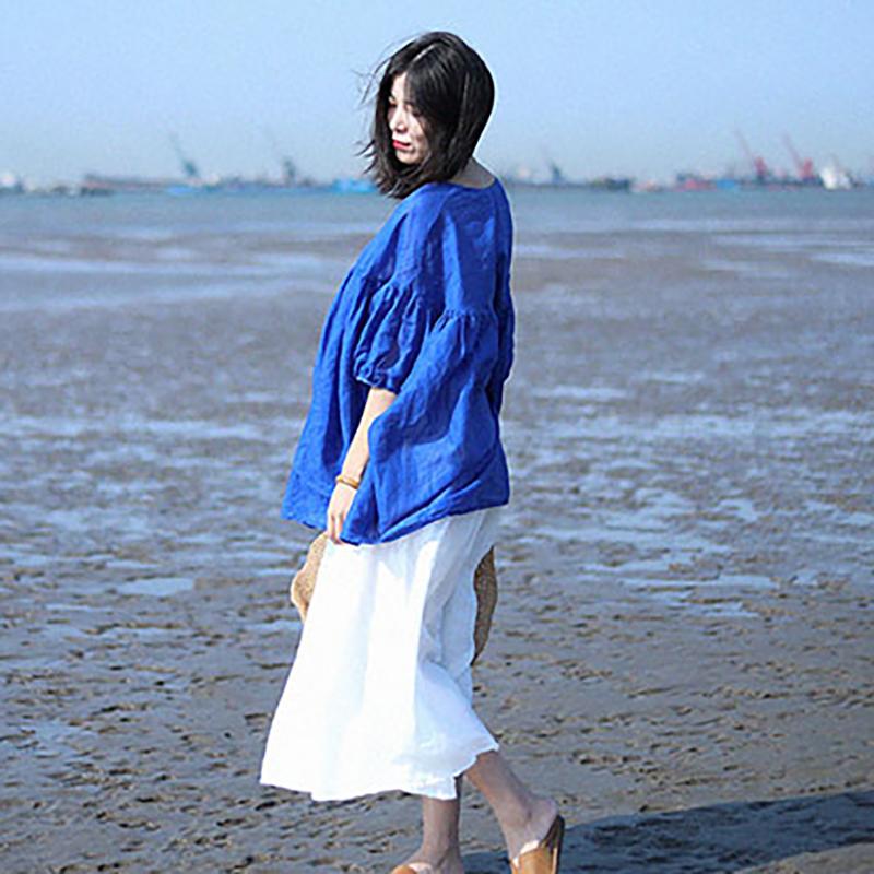 Ramie Simple Solid Linen Bat Sleeved Blouse