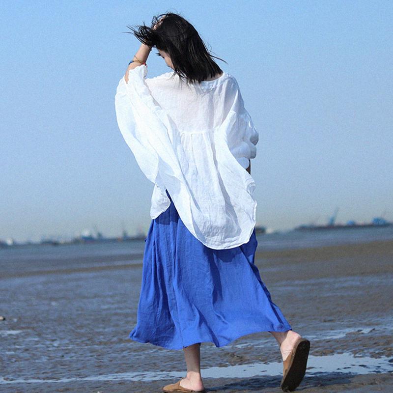 Ramie Simple Solid Linen Bat Sleeved Blouse