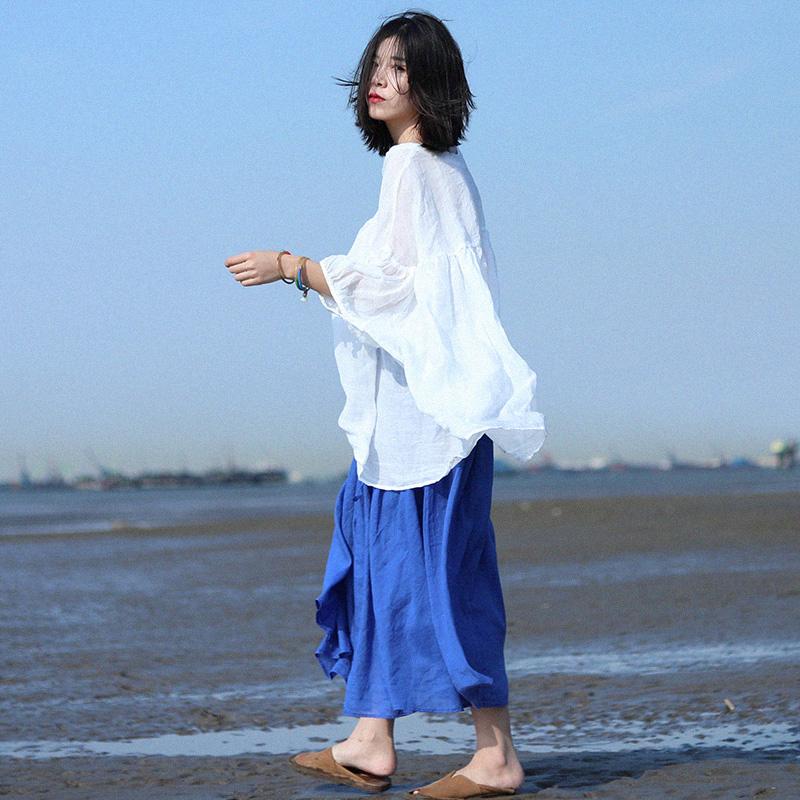 Ramie Simple Solid Linen Bat Sleeved Blouse