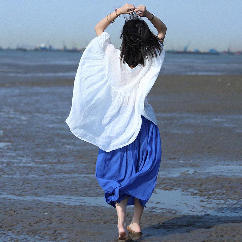 Ramie Simple Solid Linen Bat Sleeved Blouse