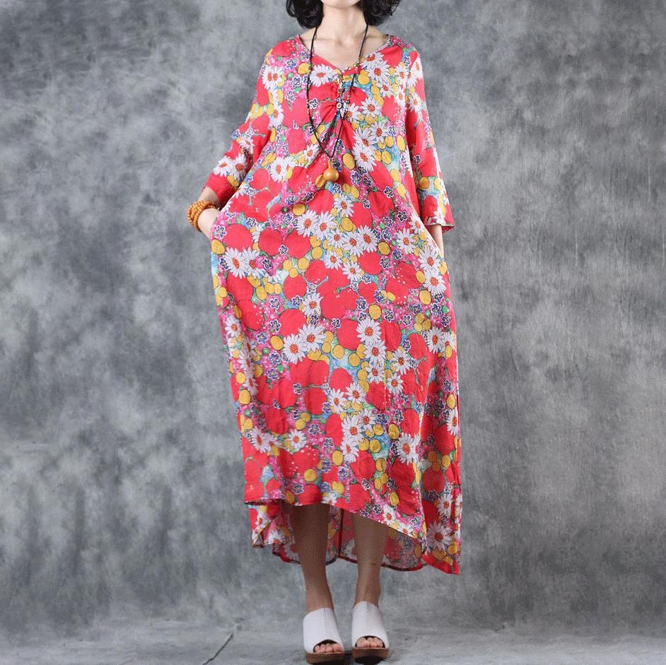 Ramie V-Neck Print Linen Women Dress